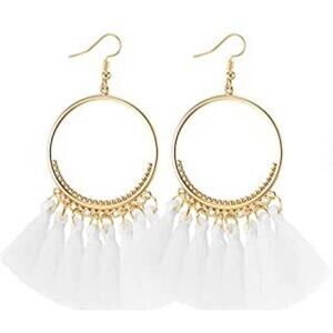 Gold Circle White Multi Tassel Earrings